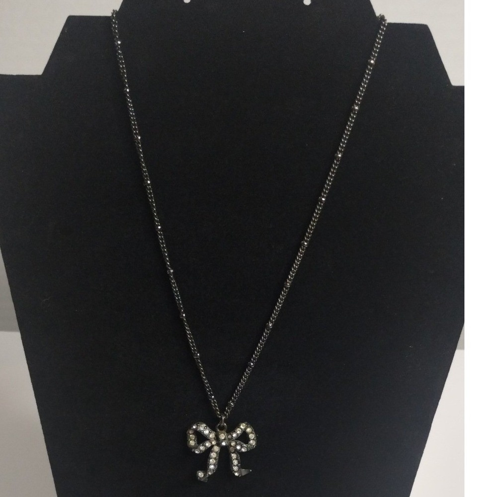 Betsey Johnson Gunmetal Rhinestone Black‎ Bow Pendant Necklace